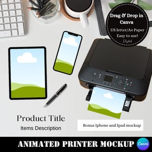Animated Video Printer Mockup, Custom Mockup for Printable Sheet Paper , US Letter A4 Mockup, Printable Products Mockup, Phone Ipad mockup|