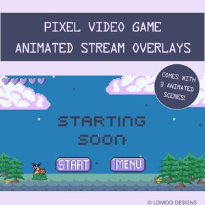 May include: A pixelated video game screen with a blue background, white clouds, and a deer. The text "STARTING soon" is displayed in purple letters. The buttons "START" and "MENU" are also displayed in purple. The text "COMES WITH 3 ANIMATED SCENES!" is displayed in a purple circle in the upper right corner. The text "LOMOO DESIGNS" is displayed in the lower right corner.