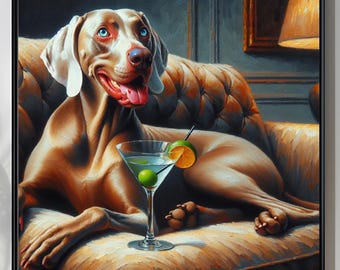 Weimaraner Martini Wall Art, Weimaraner Lounging on Couch, Whimsical Dog Oil Painting, Weimaraner with cocktail, Dog Art, Instant Download