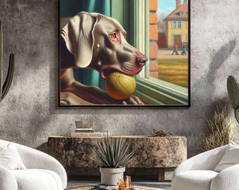 Weimaraner in Window, Weimaraner Wall Art, Weimaraner with Ball, Dog Oil Painting, Weimaraner Looking out Window, Dog Art, Instant Download