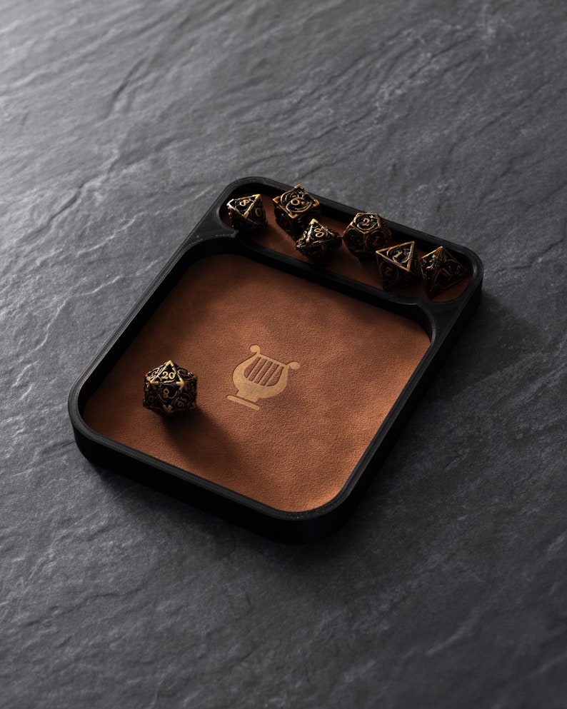 Dice Tray with Leather insert and Class Logo DnD and Tabletop Brown