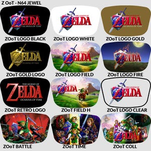Op de afbeelding: Een verzameling labels voor Nintendo 64-gamecartridges met illustraties van "The Legend of Zelda: Ocarina of Time". De ontwerpen omvatten logo's, landschappen en karakterillustraties, met tekst zoals "Zoot Logo Black" en "Zoot Time".