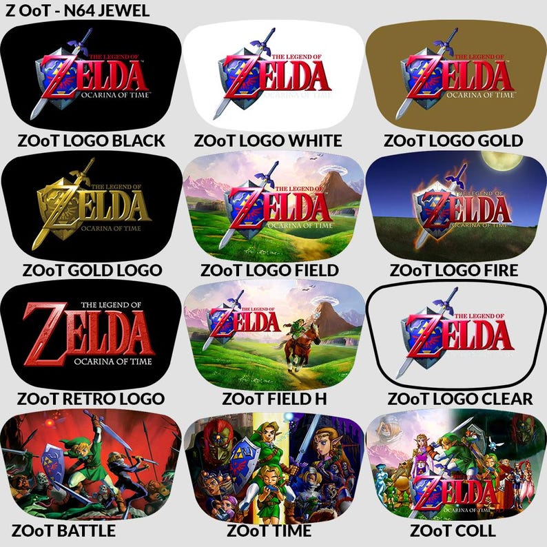 Op de afbeelding: Een verzameling labels voor Nintendo 64-gamecartridges met illustraties van "The Legend of Zelda: Ocarina of Time". De ontwerpen omvatten logo's, landschappen en karakterillustraties, met tekst zoals "Zoot Logo Black" en "Zoot Time".