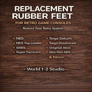 May include: Image of a wooden background with the text "REPLACEMENT RUBBER FEET FOR RETRO GAME CONSOLES." Lists compatible consoles including NES, SNES, Sega Saturn, and more. The text "Restore Your Retro System" is also present.