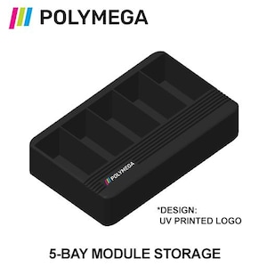May include: Black 5-bay module storage container with the text "POLYMEGA" and "5-BAY MODULE STORAGE". The design includes a UV printed logo. The container has a rectangular shape with five internal compartments.