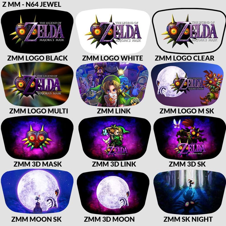 Op de afbeelding: Een verzameling auto-zonneschermen met ontwerpen uit "The Legend of Zelda: Majora's Mask". De zonneschermen tonen graphics zoals het logo van de game, personages en iconische beelden in diverse kleuren.