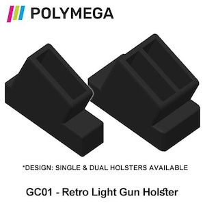 May include: Two black gun holsters. The holsters are made of a solid material and have a rectangular shape with a slot for the gun. The text "POLYMEGA" is at the top, and "GC01 - Retro Light Gun Holster" is at the bottom.