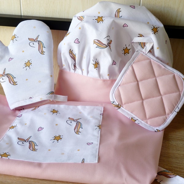 tablier de cuisine 4/8 ans avec gant, manique et toque tissu licorne, déguisement de pâtissier