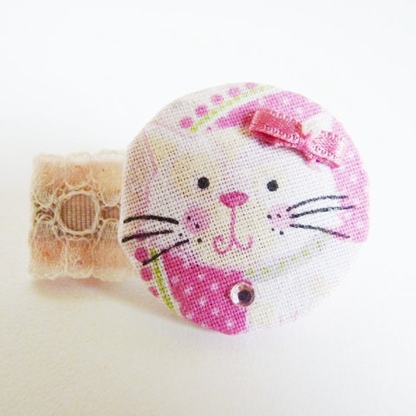 Barrette chat rose fille tissu et dentelle