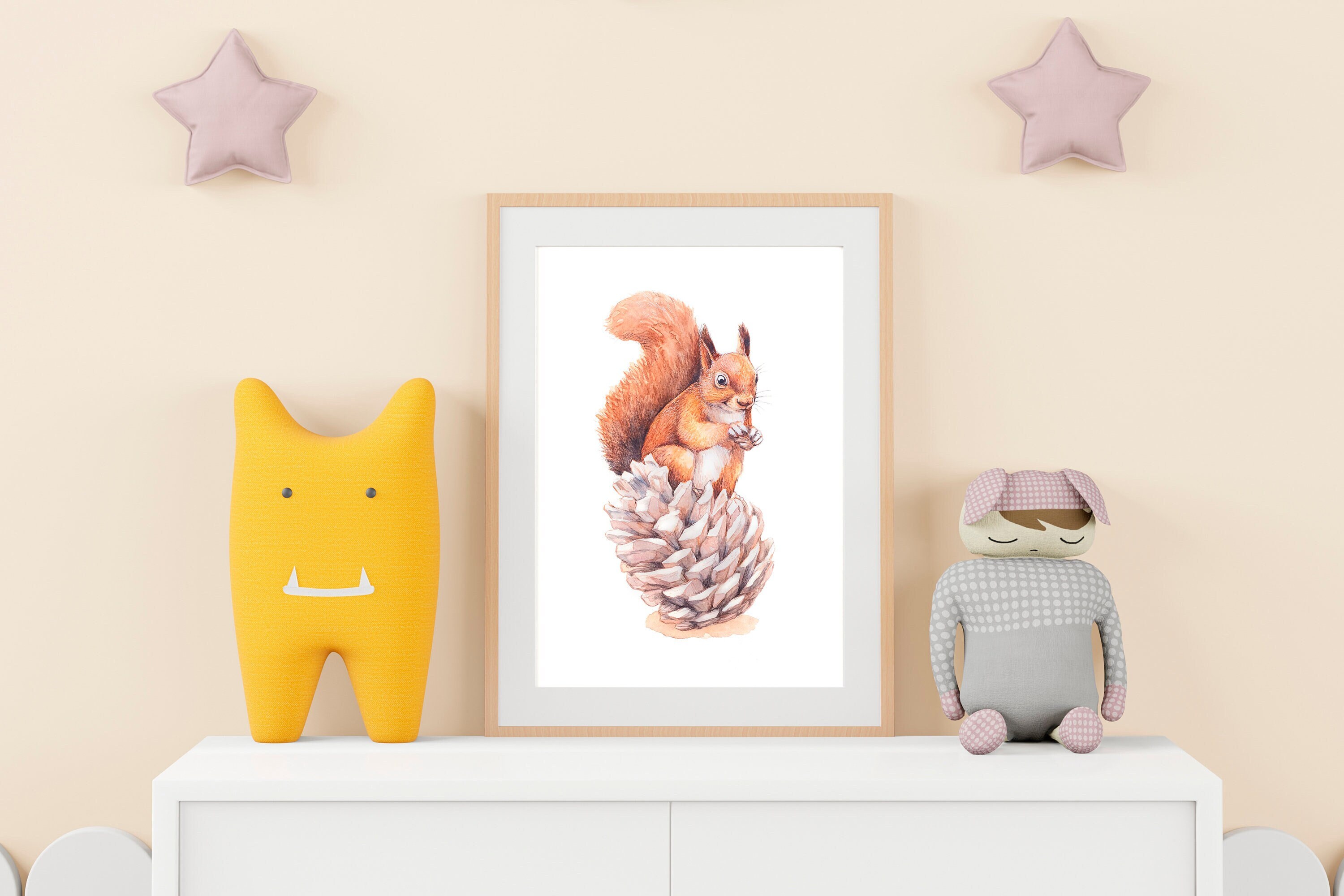 Illustration Aquarelle Écureuil et Pomme de Pin - Différents Formats