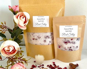 Natural Rosy Bath Salt Handmade Rose Geranium Essential Oil Aromatherapy Dried Petals Feet Home Spa Cruelty Free Present