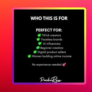 May include: A black graphic with the text "WHO THIS IS FOR" and "PERFECT FOR:" followed by a list of target audiences, including TikTok creators and digital product sellers. The Pooskie Rose logo is at the bottom.