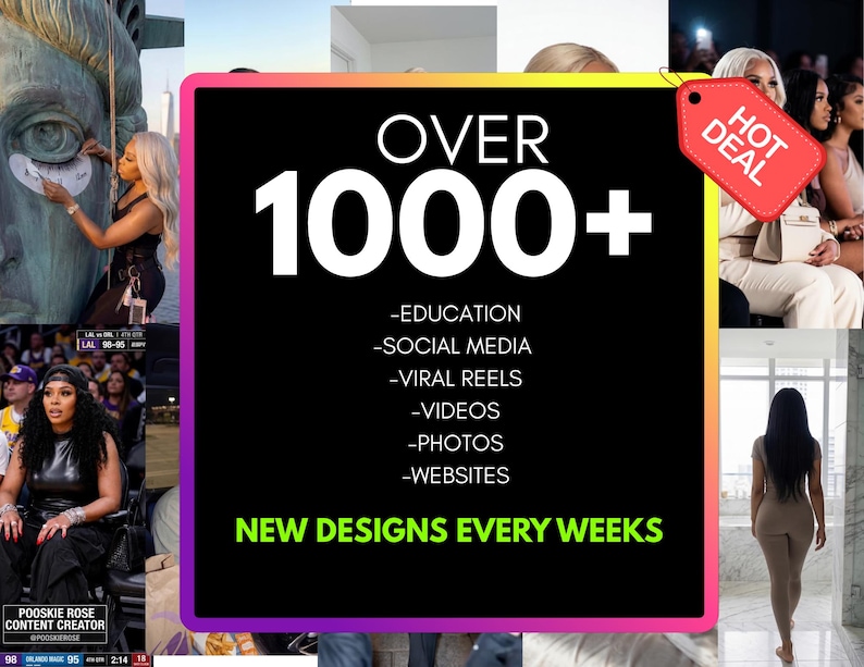 May include: A promotional image with the text "OVER 1000+" in large white letters on a black background. Below the number are listed services including education, social media, and websites. A red "HOT DEAL" tag is in the upper right corner. The text "NEW DESIGNS EVERY WEEKS" is at the bottom.