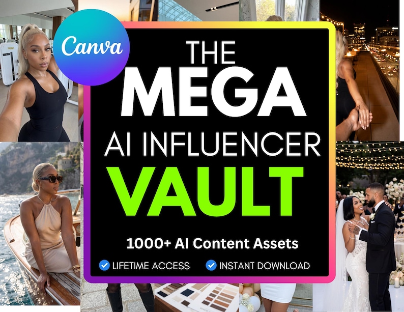 May include: A promotional graphic with the Canva logo and the text "THE MEGA AI INFLUENCER VAULT." It also includes the text "1000+ AI Content Assets," "LIFETIME ACCESS," and "INSTANT DOWNLOAD." The image features several lifestyle photos.