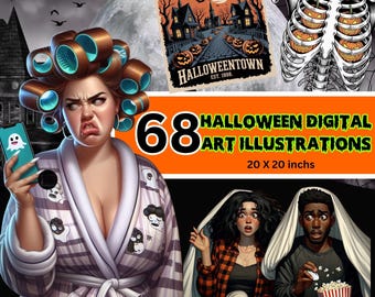 Halloween Digital Art Bundle | 68 PNGs + Wallpapers | Moody Women, DIY Canva Template