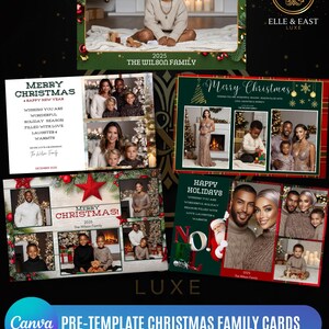 May include: A collection of pre-template Christmas family cards. The cards feature family photos, festive designs, and holiday greetings. The cards include text such as "Merry Christmas" and "Happy Holidays". The cards are labeled "2025 The Wilson Family".