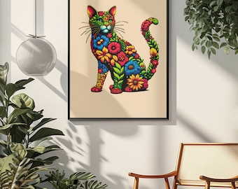 May include: A colourful illustration of a cat made entirely of flowers. The cat is sitting with its tail curled around its body. The background is a light beige colour.