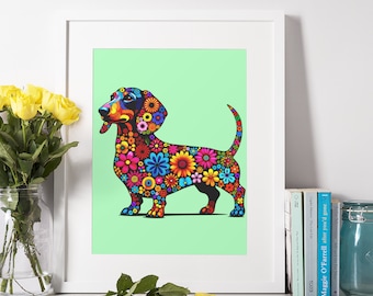 May include: A colourful dachshund silhouette made of flowers on a light green background. The dachshund is made of a variety of flowers in shades of pink, red, orange, yellow, blue, and purple.