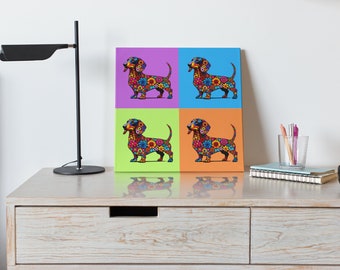 May include: A colourful canvas print featuring four images of a dachshund dog with a floral pattern. The dog is depicted in a pop art style with a different background colour for each image: purple, blue, green, and orange.