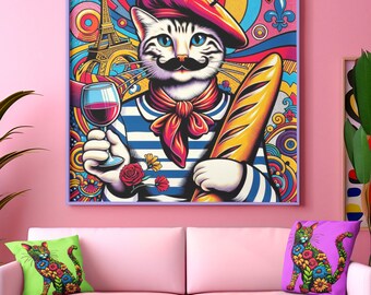May include: A colourful illustration of a cat wearing a beret and a striped shirt, holding a glass of wine and a baguette. The background features a stylised Eiffel Tower and other Parisian-inspired elements.