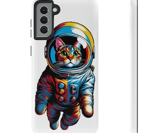 May include: A white phone case featuring a colourful illustration of a cat dressed as an astronaut. The cat has green eyes and brown and orange fur. The astronaut suit is blue, red, yellow and green.