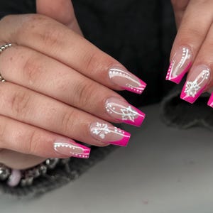 Pink French Tips Hibiscus Detailing Press-On Nails| Classy Summer | Custom Reusable Nails |