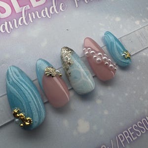 Mermaid Press-On Nails | Ocean-Inspired Beach Nails with Pearls & Shells | Custom Luxury Nails | Handmade UK | Reusable