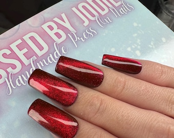 Red Cat Eye Press On Nails | Magnetic Velvet Effect Nails | Deep Ruby Glitter Glam | Handmade UK