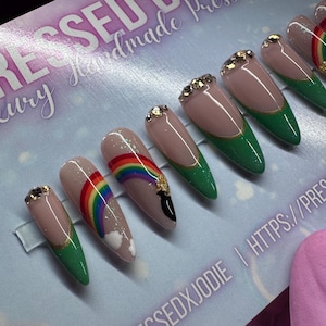 St Patrick’s Day | Emerald Rainbow Press On Nails | Green Glitter French Tip | Gold Swirl & Rhinestone Statement Set | Handmade UK