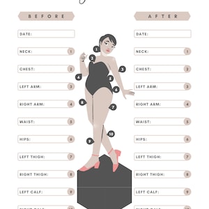 May include: A printable body measurement chart featuring a woman's illustration. The chart includes measurements for neck, chest, left arm, right arm, waist, hips, left thigh, right thigh, left calf, right calf, and weight. The chart is divided into two sections: Before and After.