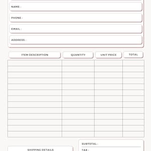 Puede incluir: Un formulario de pedido imprimible con secciones para los datos del cliente, descripciones de artículos, cantidades y totales. El formulario incluye campos para los detalles de envío y los subtotales. El texto "ORDER FORM" está en la parte superior.