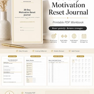May include: A 30-Day Motivation Reset Journal printable PDF workbook with a cream cover featuring gold borders and black text. The layout includes daily pages, weekly reviews, and a habit tracker, with over 35 pages in US Letter and A4 sizes.