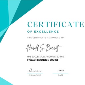 May include: A blue and white certificate of excellence awarded to Harold S. Barrett for completing an eyelash extension course. The certificate is dated 21.07.21 and signed by Jonson.