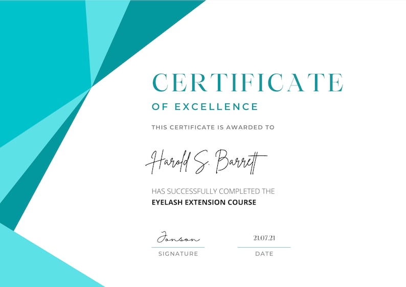 May include: A blue and white certificate of excellence awarded to Harold S. Barrett for completing an eyelash extension course. The certificate is dated 21.07.21 and signed by Jonson.
