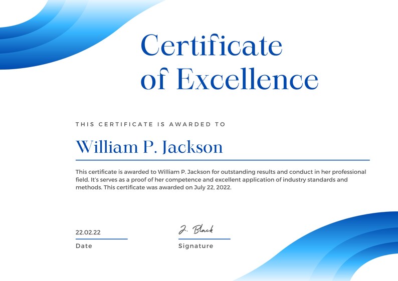 May include: A blue and white certificate of excellence awarded to William P. Jackson on July 22, 2022. The certificate states that this is a proof of competence and excellent application of industry standards and methods.