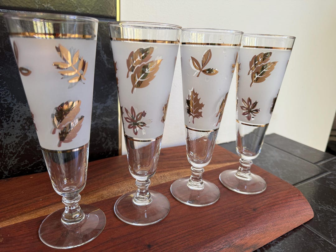 RARE Libbey 1950's Golden Foliage Pilsner Gold Rim Footed Set of 4 ...
