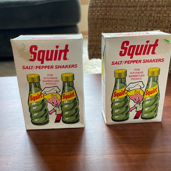 Vintage SQUIRT Salt Pepper Shakers Kitchy New Old Stock Never Used. You Get 2 sets!! Fun gift for the Cabin or Cottage - just like old times