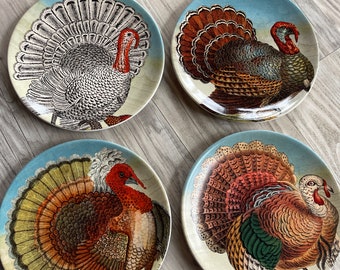 Fun Whimsical Set 4 JOHN DERIAN Turkey Side Plates For the Holidays Gobble Gobble Thanksgiving or Christmas Hostess Gift