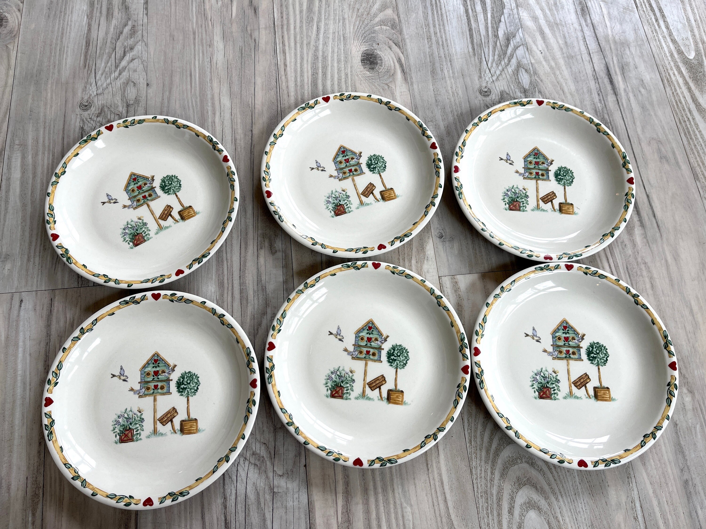 Thompson China Patterns 6 Thompson Pottery BIRDHOUSE Side Plates Salad Vintage Stoneware Retro ...