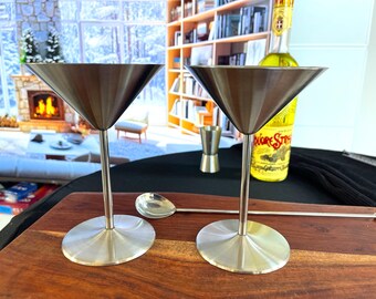 Stainless Steel Pair Martini Glasses Stylish Silver Unbreakable Cozy Cocktails Modern