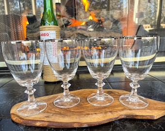 Vintage set 4 FOSTORIA CRYSTAL Silver Rim Wedding Ring Iced Tea Water Wine Goblets Glasses Heavy Beautiful Classic