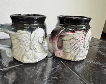 Set of 2 Handmade Ceramic Angel Mugs – Sculpted Relief with Wings & Halos – Spiritual Gift or Artisan Pottery