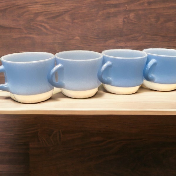 BLUE MOSIAC Vintage Set of 4 Anchor Hocking Fire King Stacking Mug Cup Coffee 1960's