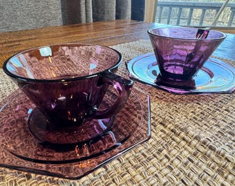 Hazel Atlas Moroccan Amethyst Cups & Saucers  Set of 2 Purple Glass Octagon Saucers – Vintage 1940s MCM Tea Coffee Set