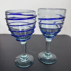 Hand Blown Blue Spiral Wine Glasses Set Cobalt Wrap Stemware Artisan Glass
