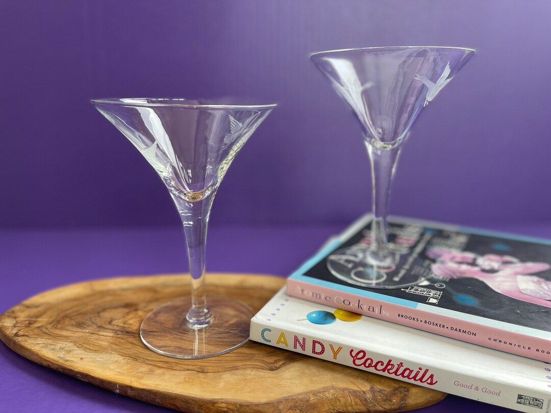 VERY CLASSIC Coupe Etched Bird Geese CLEAR Set 2 Martini Straight up