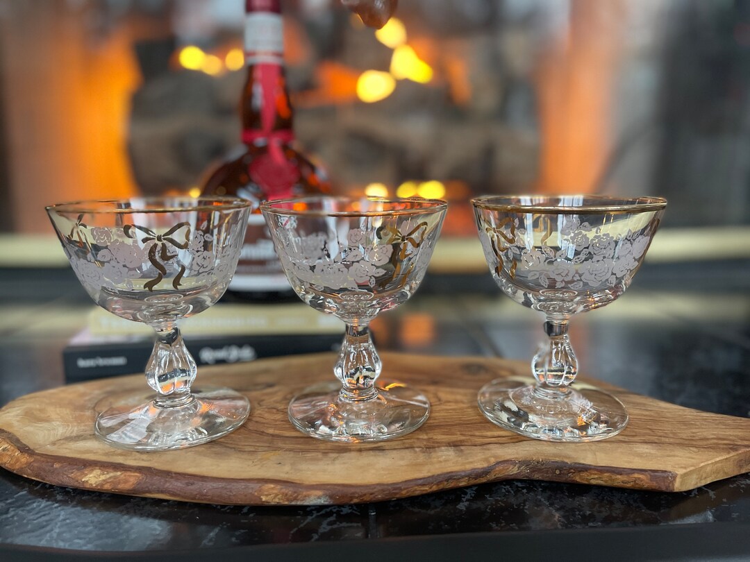 Set 3 1960's Libbey Mid Century Rose Bouquet Sherbet Champange Retro