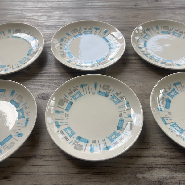 Set 6 Vintage BLUE HEAVEN 6.25 inch Salad or Dessert Plates Mid Century Modern pattern by The Royal China Company. 1950 - 1960