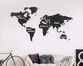 Carte du monde XXL en bois, grande décoration vintage, décoration murale bohème, noir/naturel