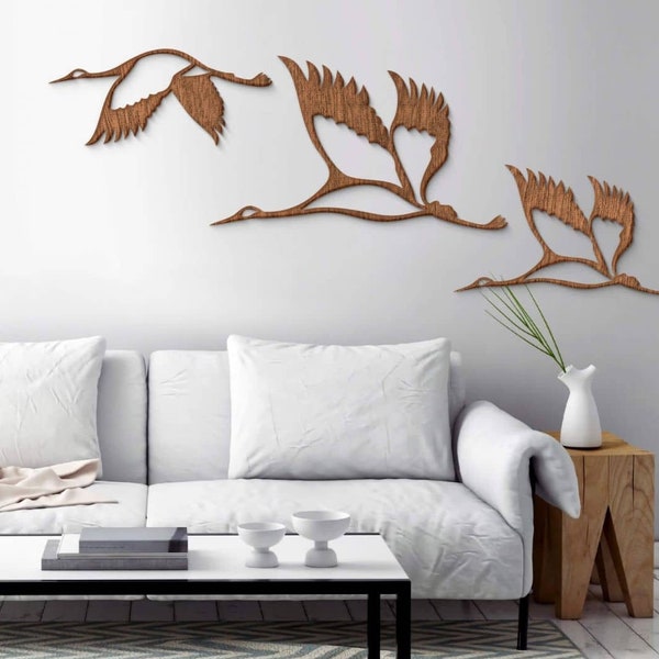 Kraniche Holzdeko Wohnzimmer Wandbild aus Holz Vögel 3er Set